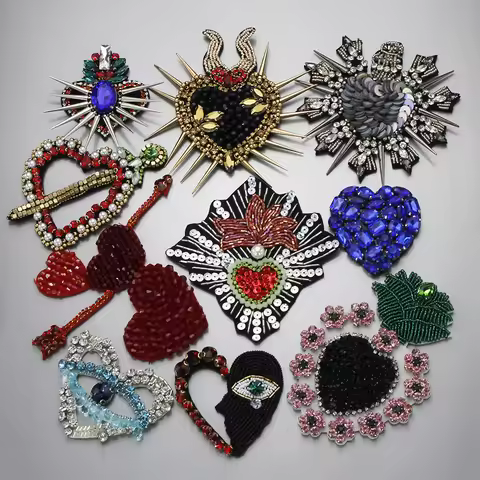 3D Handmade Rhinestone Beaded Patches Heart Sew on Crystal Patch Beading Applique Cute Patch Love Me