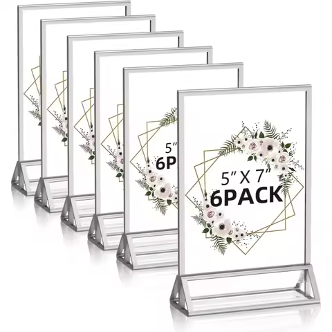 6 Pack Acrylic Sign Holder 5x7 Double-Sided Silver Picture Frames Clear Menu Wedding Table Number Ph