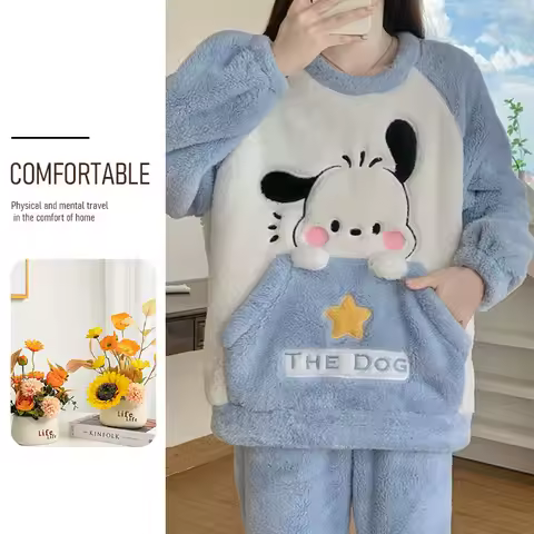 Hello Kitty Pajamas Women's Coral Velvet Thickened and Velvet Home Furnishing Set