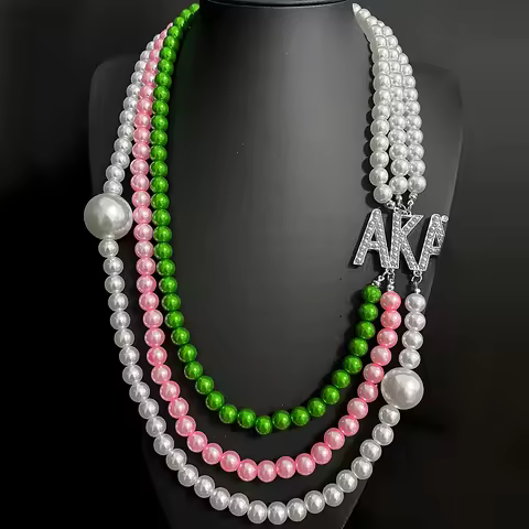Muiot Personality Black Women Sorority Society A Letter Label Pink Green Multilayer Pearl Bead Neckl