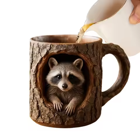 Adorable Raccoon Owl Raccoon Tree Hole Mug Coffee Cup Cute and Funny Animal Resin Mug Novelty Coffee