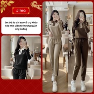 Jima Set Youthful Long-Sleeved Collar Zipper Shirt with Mixed Hem with Jima Rabbit Straight-Leg Pant