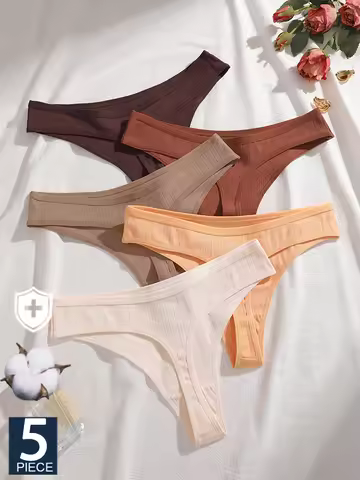FINETOO 5Pcs Ladies Soft Knit G-String Elastic Breathable Underwear Low‑rise T‑back Daily Casual Pan