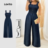 Lovito Casual Jumpsuit Smocked Spring/summer Blue Jumpsuit for Women LBL31009