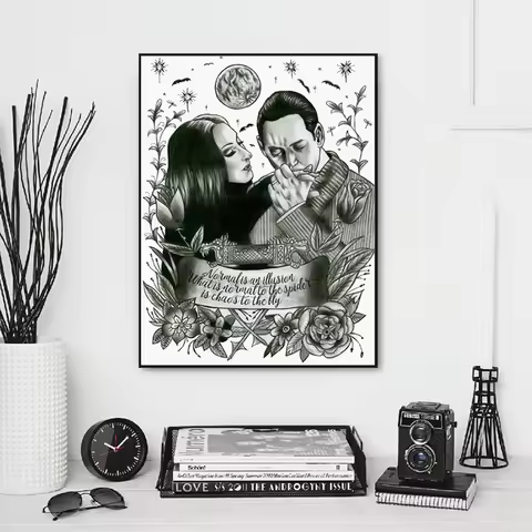 Addams Family Quote Art Print Black White Vintage Poster Morticia & Gomez Tattoo illustration Canvas