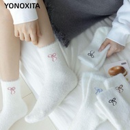 YONOXITA Mink Velvet Socks, Thickened Cozy Plush Socks, Cozy Wear Sweet Bow Hairy White Color Fluffy