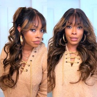 Tóc giả 7x5 Bye Bye Knots Lace Closure Balayage Highlights Fluffy Natural Loose Wave Curtain Bangs W