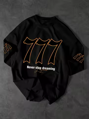 Men'S Casual Loose Fit Crew Neck T-Shirt with Bold "777" Letter Print & Number Design - Black Summer