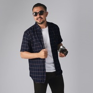 DGM Kemeja Pria Flanel Pendek Premium Kotak Kotak Kemeja Flanel Navy Garis Kecil Coklat 2638