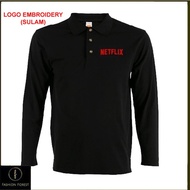 Cotton Lengan Panjang Long Sleeve collar T Shirt Logo Embroidery Sulam NETFLIX Online Movie Streamin