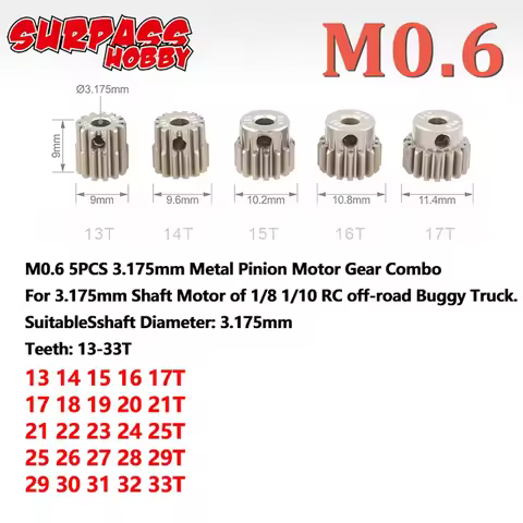 SURPASS HOBBY 5PCS M0.6 3.175mm 13T-17T/17T-21T/21T-25T/25T-29T/29T-33T Metal Pinion Motor Gear Comb