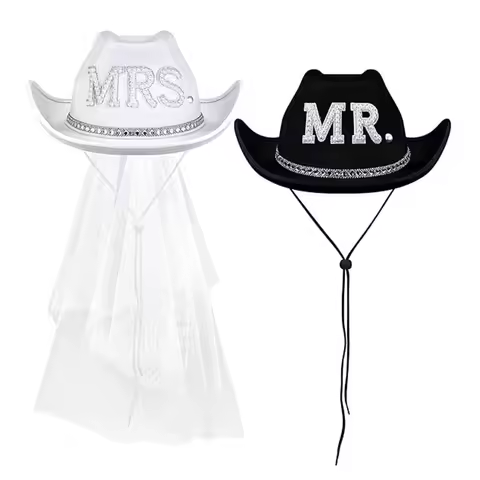 Mr & Mrs Rhinestone Letter Cowgirl Hats for Women Men Classic Western Felt Cowboy Caps Engagement We