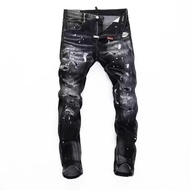 Nam Rửa Sạch Đau Khổ Graffiti Gothic Vintage Dài Quần Jean Denim Bấm Lỗ Mực Bắn Tung Tóe Xuyên Biên