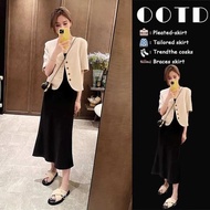 korean set blazer woman plus size Slim Flesh Covering Small Chanel Style suit Women's Summer New chubby girl Suit Jacket Sling dress Two-piece Set