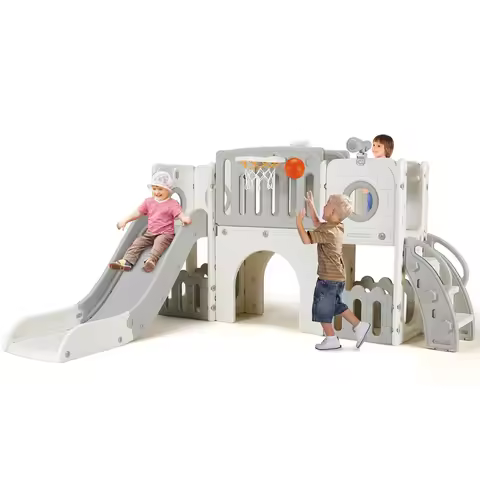 Toddler Slide, 9 in 1 Kids Slide and Climber Playset Indoor Outdoor Playground for Children, w/Baske