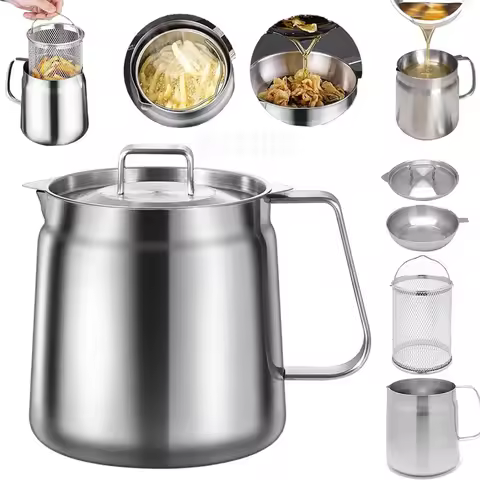 2/1.5L Oil Filter Fry Basket Oil Storage Can Pot Stainless Steel with Basket and Lid Deep Fryer Mult