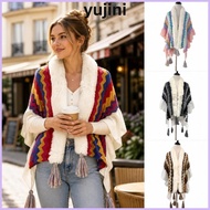 YUJINI Knit Shawl Cape, Knitted Furry Faux Fur Collar Poncho, Vintage Tassel Ruffle Edge Open Front 