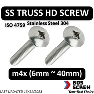 SS Truss Head Machine Screw m4 x 6mm ~ 40mm, (Stainless Steel 304) (Coarse Threaded/Benang Biasa)