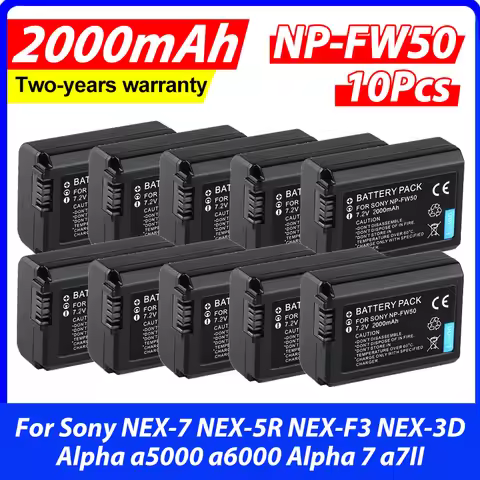 10Pcs 2000mah NP-FW50 NP FW50 Rechargeable Battery for Sony NEX-7 NEX-5R NEX-F3 NEX-3D Alpha a5000 a