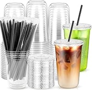 50PCS Round Bottom Clear Cups with Lids and Straws, Plastic To Go Coffee Smoothie Juice Cups, Dispos