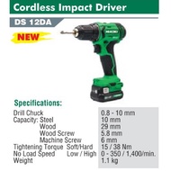 Hokoki/ Hitachi 12v Cordless Impact Driver DS12DA (with 2 battery 1 Charger)