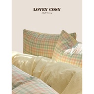 LOVEY COSY Korean Light Luxury 2026 Spring Style Cotton Washed Cotton Dopamine Cream Check Bed Four-