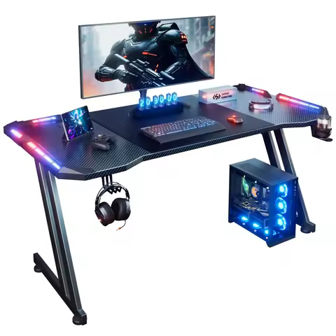 120/140/160cm Gaming Desk with LED Lights, Z Shaped Gaming Table with Cup Holder & Headphone Hook, E