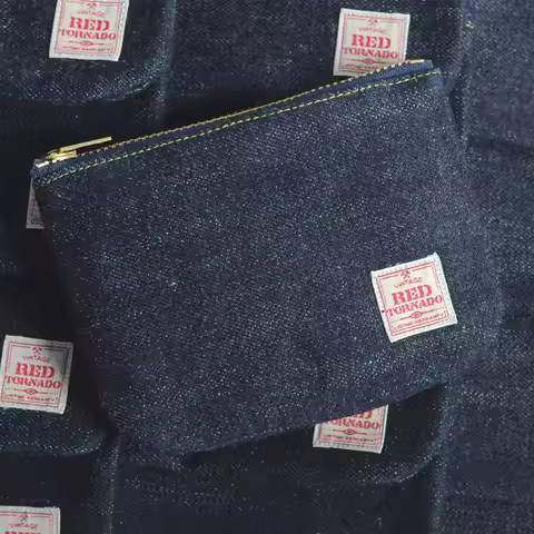 Red Tornado 17oz Raw Denim Coin Pouch Vintage Style Zipper Small Storage Bag Purse Unisex