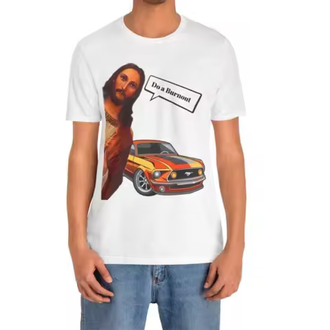 Funny Mustang Jesus Burnouts T-Shirt Muscle Car Racing Cotton Shirts Vintage Car Lover Shirt Drag Ra