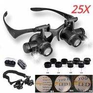 Magnifying Glass Lupa 10X 15X 20X 25X Eye Jewelry Watch Repair Magnifier Glasses With 2 LED Lights N
