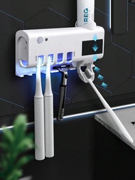 1入組智能自動uv消毒器和供應器,usb充電式牆掛式牙刷架,免鑽孔設計,浴室用品組合及收納,白色