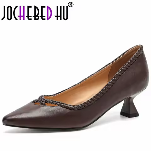 【JOCHEBED HU】Handmade Genuine Leather Soft and comfortable Pointed Toe Mid Hells Single Women's Uniq