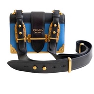 意大利名牌PRADA藍色拼巴洛克花框真牛皮革斜跨手袋包包 100%正版