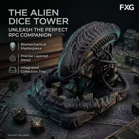 Sci-Fi Creature Dice Tower Ornament, Dark Sci-Fi Tabletop Gaming Accessory, Biomechanical Style Dice
