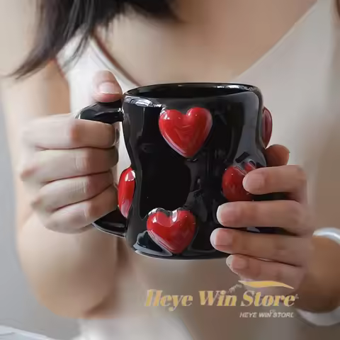 3D Heart-shaped Design Vintage Ceramic Mug, Cute Large Capacity, 3D Embossed Coffee Cup, Kitchen Dri