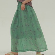 綠色 叢林野花輕紗半裙 夏日舒適文藝休閒百搭寬鬆百搭中長裙