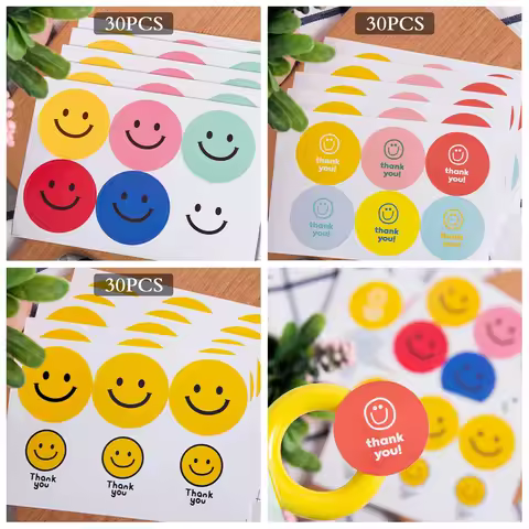 30pcs/5 Sheets Colorful Smiley Stickers Hot Stamping Seal Stickers Bakery Gift Envelope Greeting Car