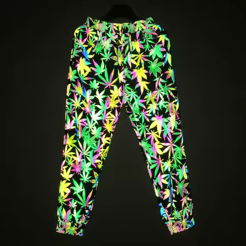 Spring Autumn Men Women Colorful Reflective Casual Pants Y2K Night Club Maple Leaf Printed Cuffed Pa