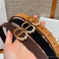 0HVW New Style First Layer Calfskin Pearl cd Buckle Belt Ladies Light Luxury Style Belt Smooth Buckl