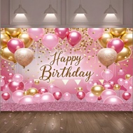 Pink and Golden Happy Birthday Backdrop Banner, Glitter Balloon Birthday Party Decor,Poster Photo Bo