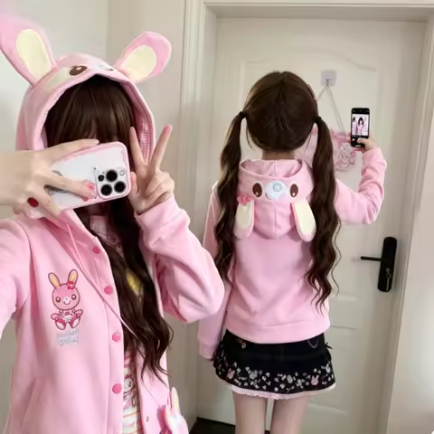 Retro Y2K Fairy Grunge Outerwear Women Cute Japanese Lolita Print Ruffle Loose Cardigan Streetwear O