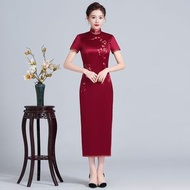 喜婆婆旗袍改良酒紅刺繡高貴媽媽婚宴裝婚慶敬酒禮服中長款