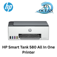 HP Smart Tank 580 All-in-One Printer with white and gray design four ink tanks USB ports and HP logo