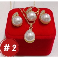 18k Bangkok gold pearl 3in1 earring necklace ring adjustable size