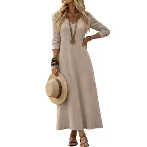 1PCS New Fashion Pure Color Cotton Lin Zipper Back Midi Dress Regular Sleeve Length V Neck Maxi Dres