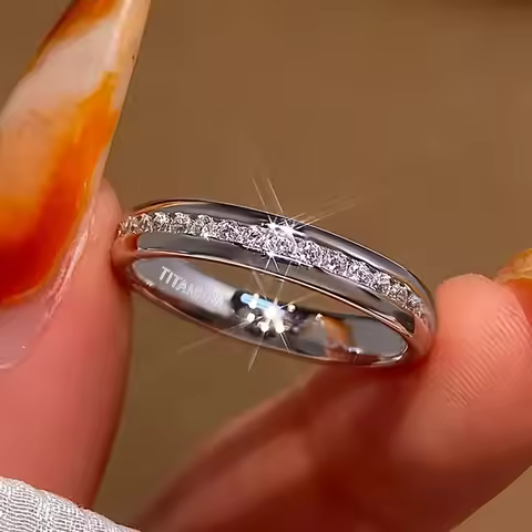 1 anti-allergy wide titanium steel ring - 4mm wide round cubic zirconia synthetic cubic zirconia wed