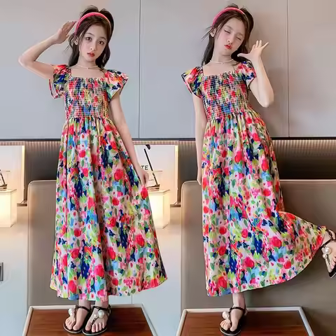 Girls summer dress retro style oil painting dress 2025 new big child lady long skirt beach skirt fai