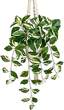 Briful Artificial Hanging Plant Indoor, Macrame Plant Hanger with Fake Pothos Plant in White Pot, Wh
