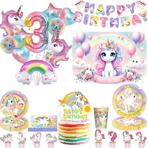 Rainbow Unicorn Birthday Decoration Unicorn Themed Party Supplies Package Unicorn Balloons Cute Girl