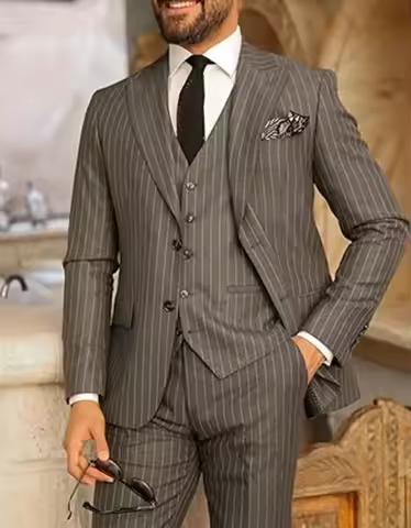 3 Piece Set Men's Fine Stripe Elegant Suit Blazer Lapel Vest & Pants High Quality Custom Suit for Me